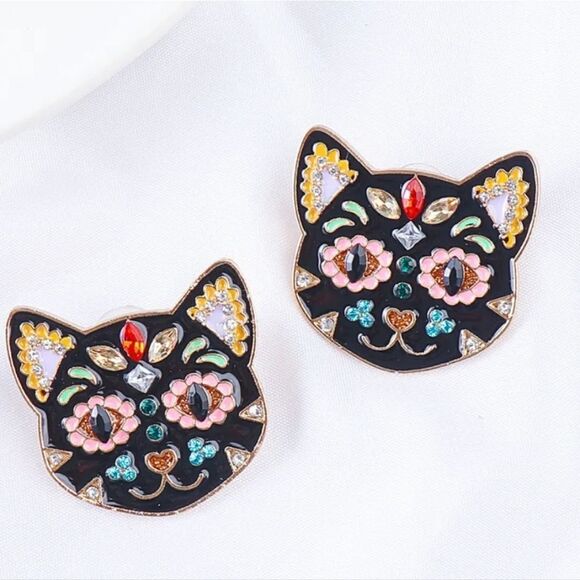 Rhinestone kitty cat earrings - Picture 1 of 7